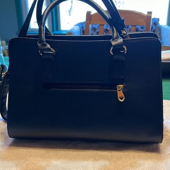 Veoelin Black Faux Leather Structured Handbag With Gold Accents & Detachable Str - Picture 4 of 9